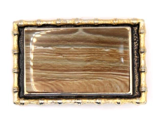 Vintage Handcrafted Gold Tone Belt Buckle w/ Polished Rectangular Brown Stone - Picture 1 of 7