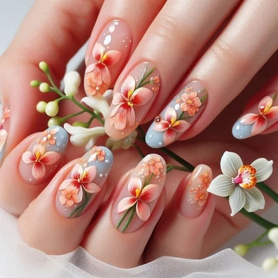 24PCS 3D Floral Press-On Nails - Pastel Pink/Blue Gradient w/ Glue - Image 1 of 4