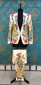 Gold White Floral Embroidered Suit Set | Men’s Formal Blazer Vest & Pants Outfit - Picture 1 of 12