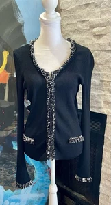 Cache Vintage Style Zip-Up Long-Sleeved Ribbed Sweater Fringe Size Medium Black - Picture 1 of 12