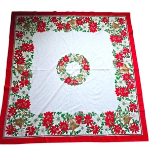 Vintage Tablecloth Sunweave Linen Holiday Retro Christmas Poinsettia Bell Square - Picture 1 of 8