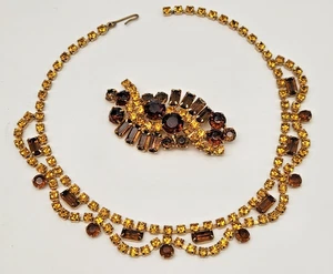 Vintage Gold Tone Amber Rhinestone Choker Necklace With Brooch Pin 14.75"L - Picture 1 of 16