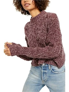 Free People Merry Go maglione rotondo a maglia con cavi ritagliato viola molto bacca M - Foto 1 di 14