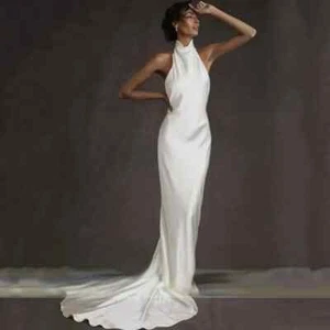 Simple Mermaid Wedding Dress Sexy Backless Bridal Halter Sleeveless Gown - Picture 1 of 11