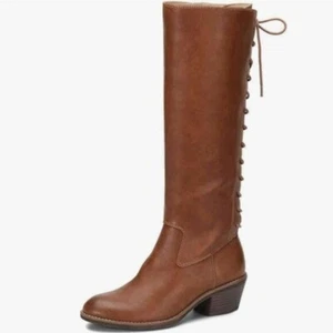 Brown Women Trendy Low Heel Round Toe Lace Up Long Boots Fall Winter Booties - Picture 1 of 7