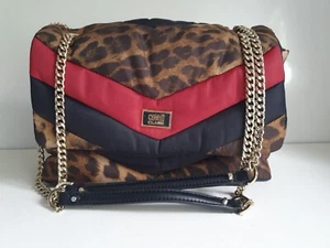 ROBERTO CAVALLI CLASS DESIGNER WOMENS LEOPARD RED BLACK QUILTED SHOULDER HANDBAG - Picture 1 of 15