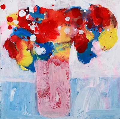 Abstract Mini Flower Painting Red Blue 4x4 Original Floral Art Miz Katie - Image 1 of 4