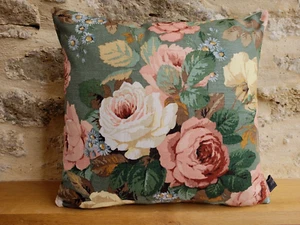 Sanderson Chelsea Rose Traditional Floral Linen Pink Green Velvet Cushion Cover - Picture 1 of 16