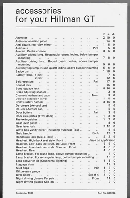Hillman GT Accessories Price List 1969-70 UK Market Single Sheet Brochure Hunter - Image 1 of 2