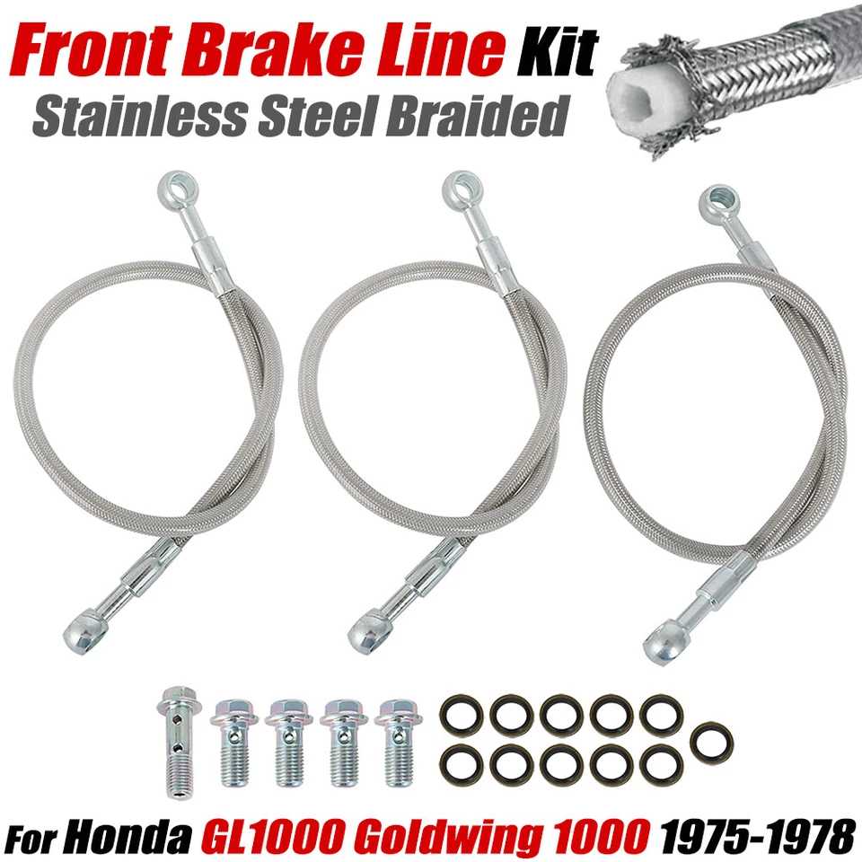 Kit de línea de freno delantero trenzado de acero de 3 piezas para Honda Goldwing 1000 GL1000 1975-1978 Foto 1 de 4