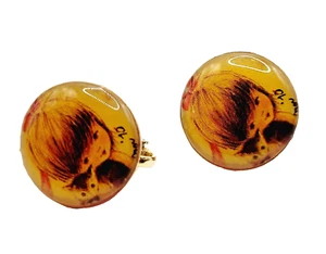 Fran Mar Girl with Kitten Cat Pet Clip On Gold Tone Signed 1970 Vintage Earrings - Picture 1 of 9