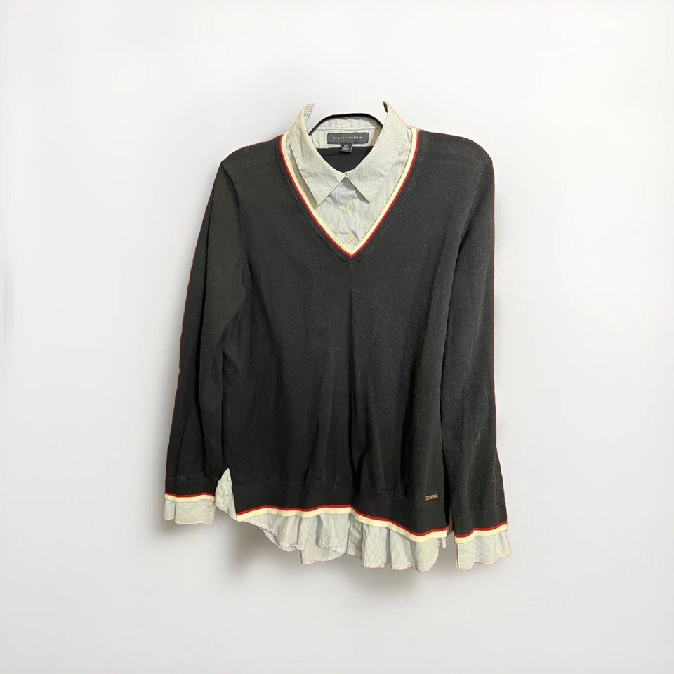 Suéter/Camisa Tommy Hilfiger Look En Capas Cuello en V Azul/Blanco Rayas Talla Grande Foto 1 de 4