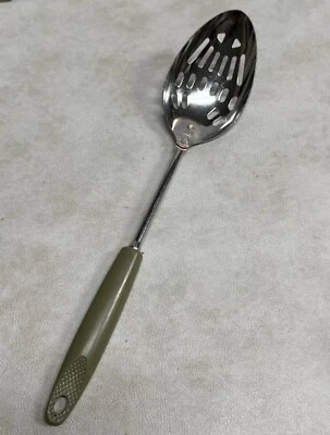 Ekco Slotted Spoon Utensil Large 12” Chromium Avocado Handled Metal 1970s Vtg - Image 1 of 4