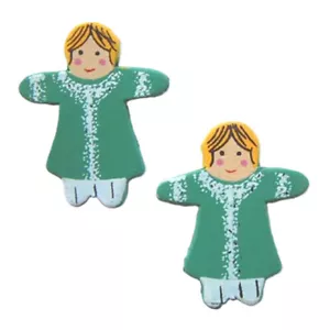 Cute Irish Lass Wood DOLL GREEN DRESS BUTTON STUD EARRINGS St Patrick Jewelry - Picture 1 of 2