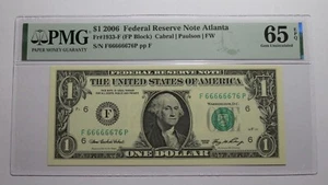 $1 2006 Near Solid Serial Number Federal Reserve Bank Note Bill UNC65 PMG 666666 - Picture 1 of 3