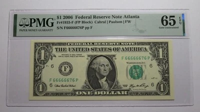 $1 2006 Near Solid Serial Number Federal Reserve Bank Note Bill UNC65 PMG 666666 - Image 1 of 3