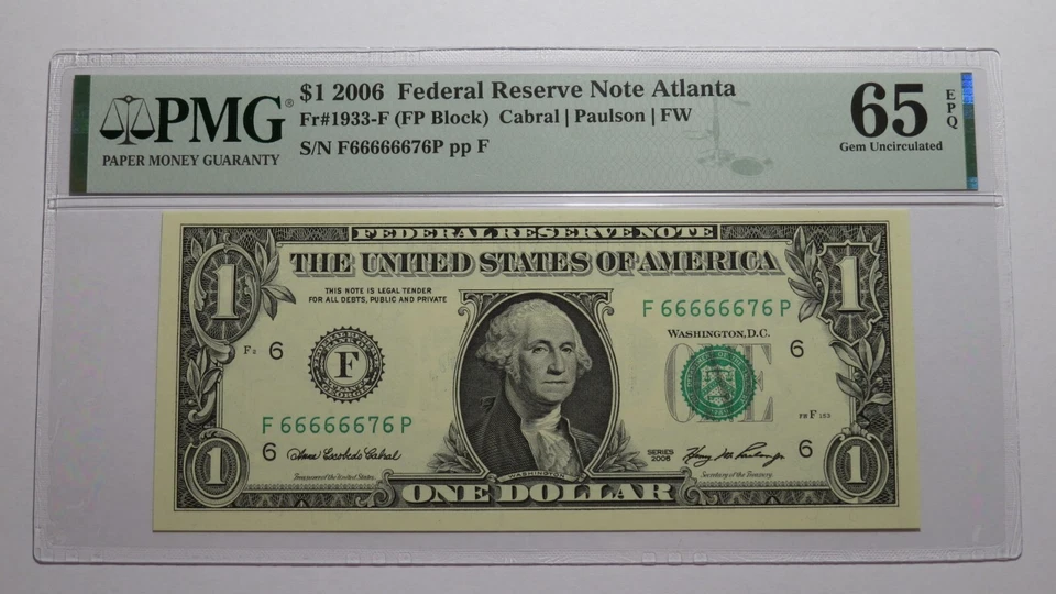 $1 2006 Near Solid Serial Number Federal Reserve Bank Note Bill UNC65 PMG 666666 - Image 1 of 3