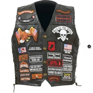 Gilet motard en cuir de buffle véritable avec 42 patchs plaque diamant™ design rock - Photo 1/9