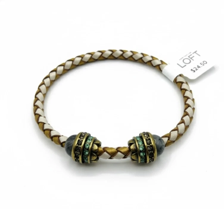 Ann Taylor LOFT плетеный кожаный браслет золото кремовый кристалл бисер новый с Ярлыками $24,50 - Изображение 1 из 1