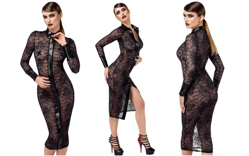 F376 Noir Handmade halblanges Kleid Noirelle aus Spitze Midikleid schwarz sexy - Bild 1 von 4