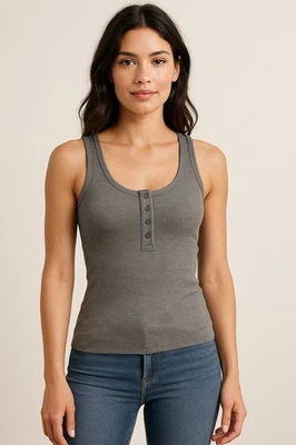 SO Henley Tank Top Womens M Gray Ribbed Scoop Neck Basic Layering Bella Swan Y2K - Image 1 of 4