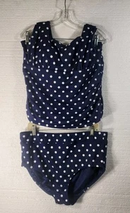 Land End 2 -Piece Swimsuit Blue White Polka Separates Sz 16W Tankini - Picture 1 of 11