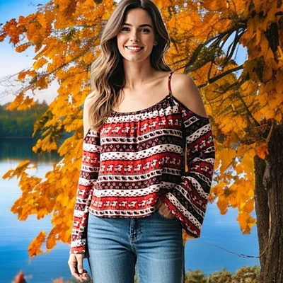 Y2K H&M Elephant Print Top XS Coachella Cold Shoulder Boho Peasant Bohemian Crop - Image 1 of 4