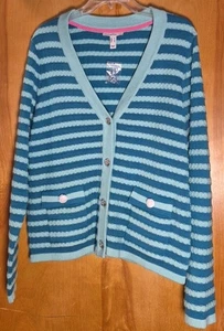 Isaac Mizrahi Live Cardigan Sweater Womens Medium Striped Button Front Teal - Picture 1 of 7