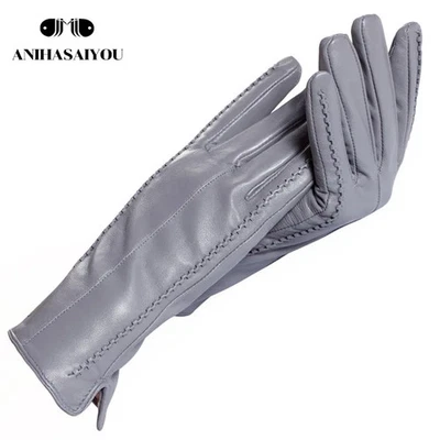 High grade women leather gloves,Genuine Leather Light grey warm women's winter m - Image 1 of 4