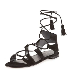 STUART WEITZMAN AUTH $450 Women's Black Suede Romanflat Gladiator Sandals Size 6 - Picture 1 of 11