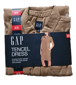 GAP Relaxed Fit Tencel Dress Tan Side Pockets Women's Size Extra Small NEW - Picture 1 of 5