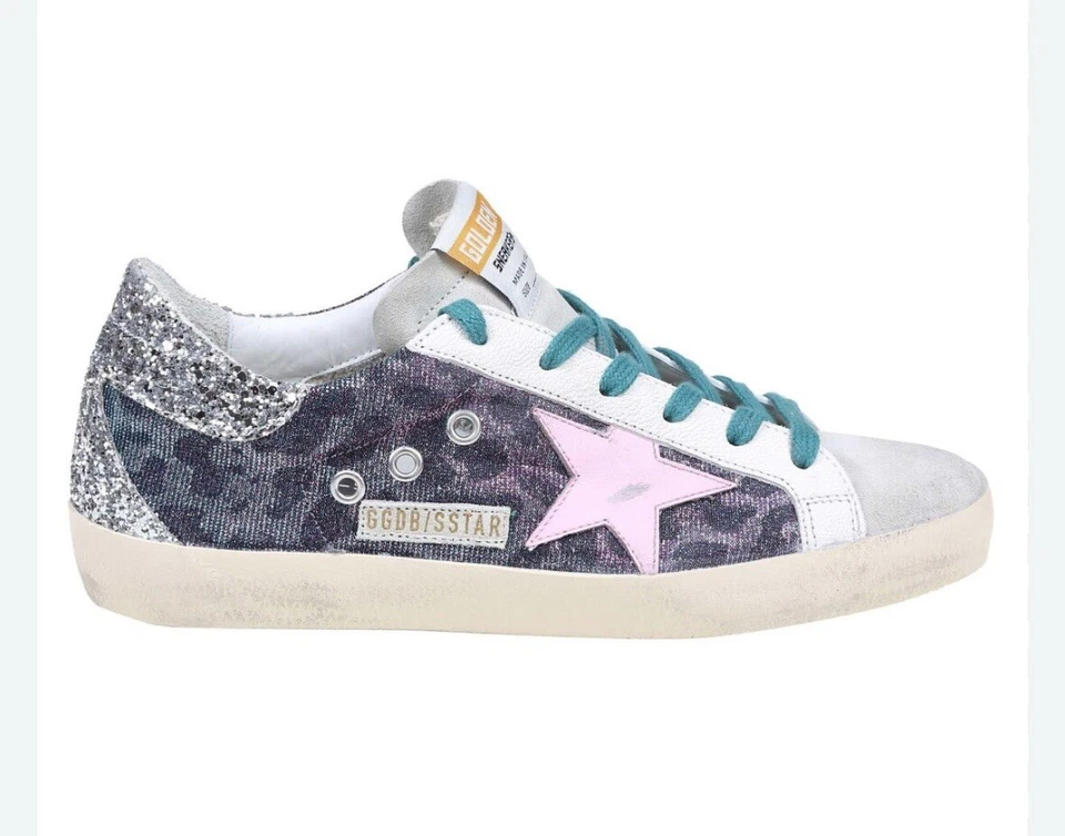 罕见 Golden Goose 尺码 38 (8) 超级明星迷彩粉色星星闪光网球鞋 — 第 1/4 张图片