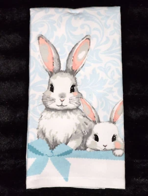 Pastel Blue Coquette Bow Toile Easter Bunny Kitchen Towels 2pc White Rabbit Pink - Image 1 of 4
