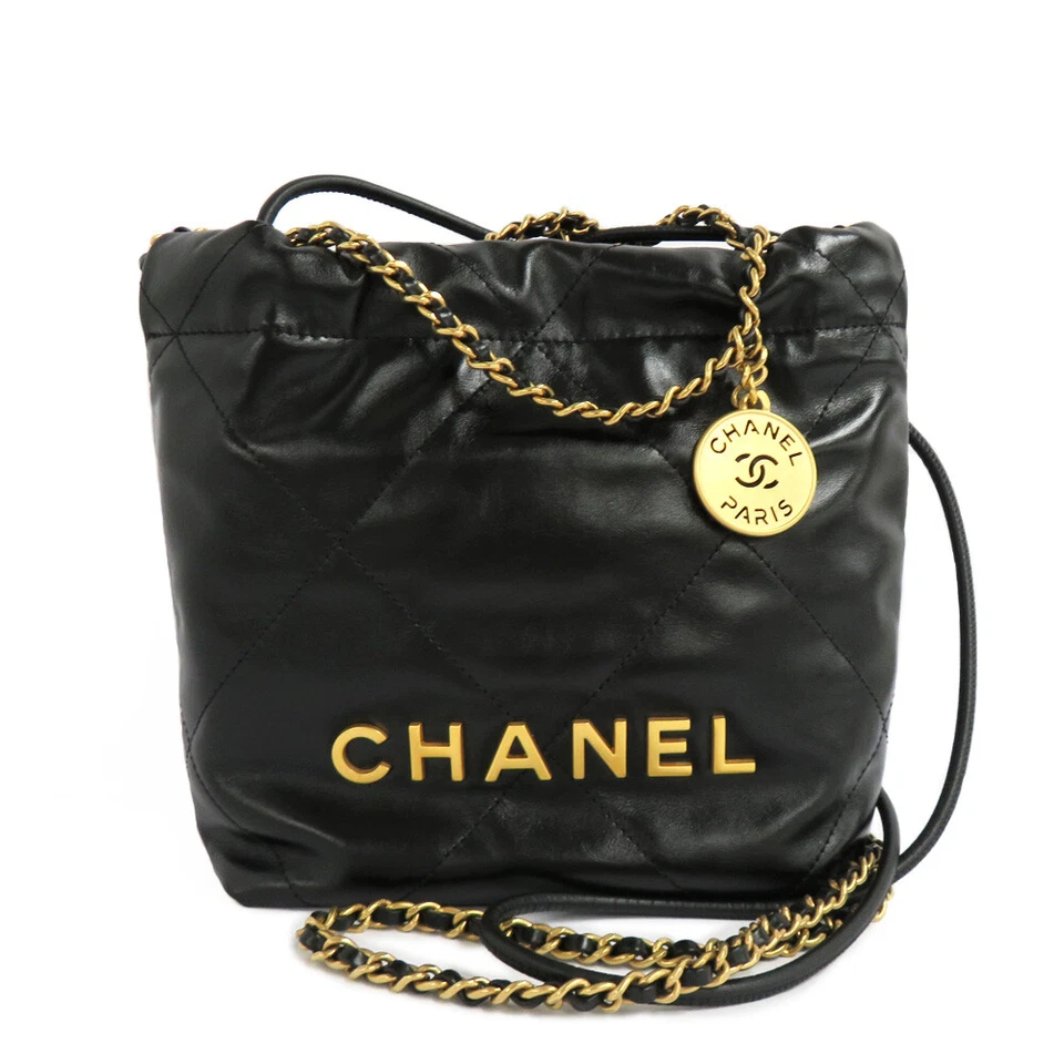 CHANEL 22 Mini Shiny Calfskin/Gold-Tone Metal Crossbody Bag for Women - Black