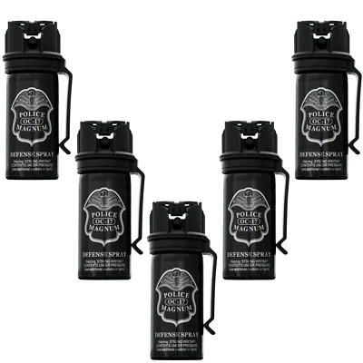5 POLICE MAGNUM Pepper Spray 2oz Stream Flip Top Belt Clip Personal Self Defense