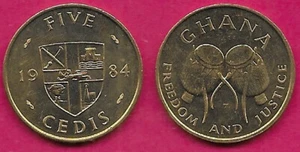 GHANA 5 CEDIS 1984 UNC 1 YEAR TYPE,ADWA BUSH DRUMS,RAMPANT LION AT CENTER OF QUA - Picture 1 of 1