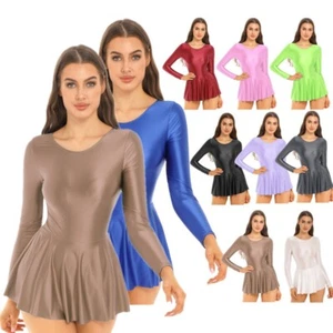 FEESHOW Women Shiny Glossy Long Sleeve Leotard Dress Solid Color Sports AU - Picture 1 of 105