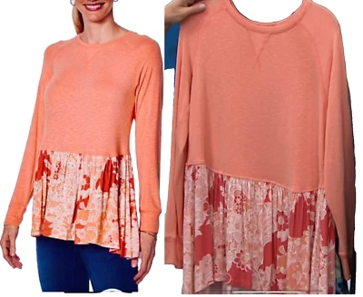 NUEVO DG2 Diane Gilman TALLA L Estampado Peplum Dobladillo Alto-Bajo CAMISA ARCILLA Y Floral Foto 1 de 3