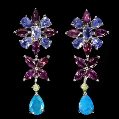 925 Sterling Silver Earrings Pear Blue Opal 7x5mm Tanzanite Gemstone Jewelry - Image 1 of 4