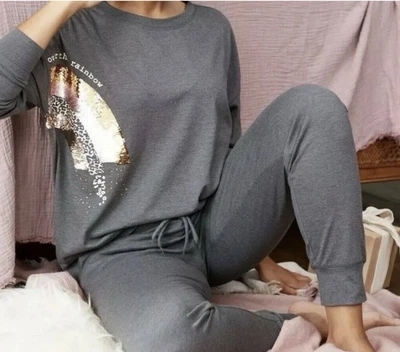 NEXT Charcoal Sequin Rainbow Cotton Blend Loungewear Pyjamas Set ~ MEDIUM 12/14 - Image 1 of 2