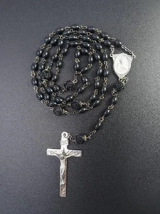Vtg Sterling Silver Rosary Crucifix Cross Beaded Prayer Black Beads Catholic 21" - Picture 1 of 9