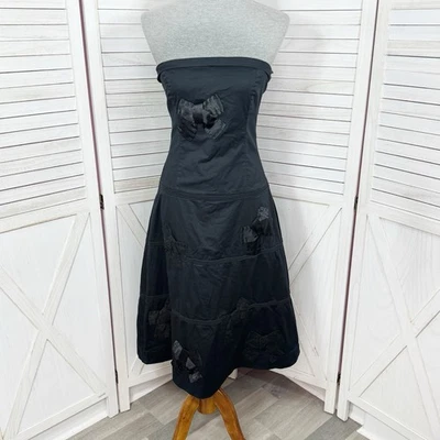 Anthropologie Odille 连衣裙女式 10 黑色蝴蝶结细节分层无肩带 Midi Boho — 第 1/4 张图片