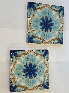 TWO Moroccan Moorish Rustic Clay Tile 4” X 4” Navy Turquoise White Douja Rustico - Picture 1 of 9