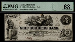 1854 $3 SHIP BUILDERS BANK, Rockland, ME PMG Choice UNC 63 ¡Billete roto! - Imagen 1 de 2