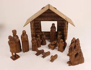 Vintage Hand Carved Nativity Scene Wooden 17pc w/Barn Set Folk Unmarked - Picture 1 of 14