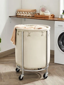 SONGMICS Laundry Basket With Wheels, Rolling Laundry Hamper, Round Laundry Cart - Picture 1 of 29