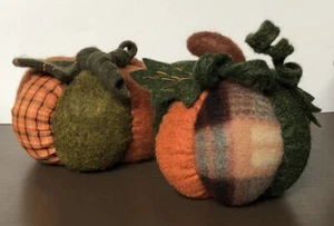 2 Felt plush stuffed Pumpkins rust green orange plaid Fall Autumn Tabletop Decor - Picture 1 of 9
