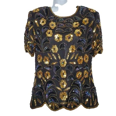Blusa vintage de seda con cuentas florales de los 80 PM MP dorados dobladillos festoneados negros Foto 1 de 4
