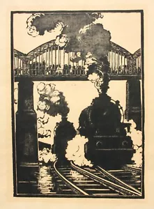 Walther Klemm (1883-1957) signierter Holzschnitt, Eisenbahnen unter einer Brücke - Bild 1 von 9