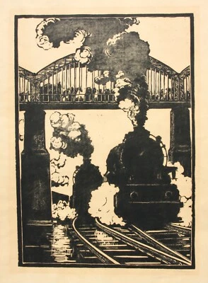 Walther Klemm (1883-1957) signierter Holzschnitt, Eisenbahnen unter einer Brücke - Bild 1 von 4